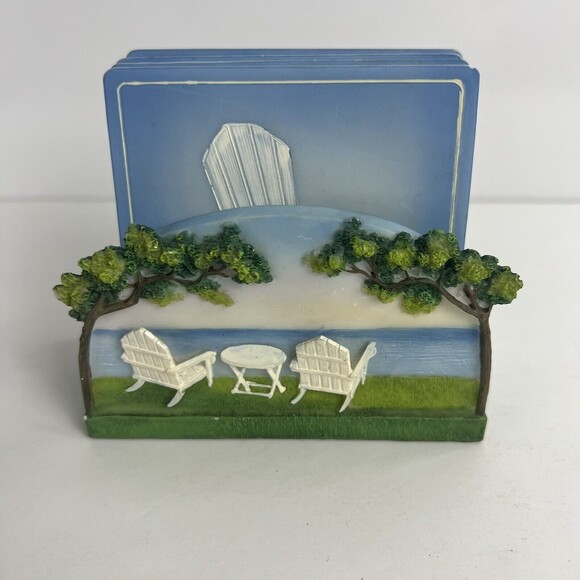 Handpainted Adirondack Chairs Ceramic Coaster Set with Holder Blue White - Picture 1 of 4